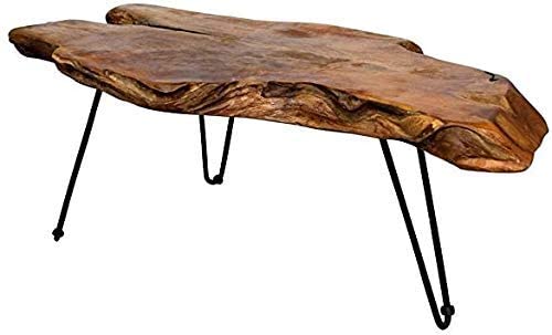 StyleCraft Badang Carving Natural Wood Edge Teak Contemporary Table with Clear Lacquer Finish and Metal Hairpin Legs for Living Room