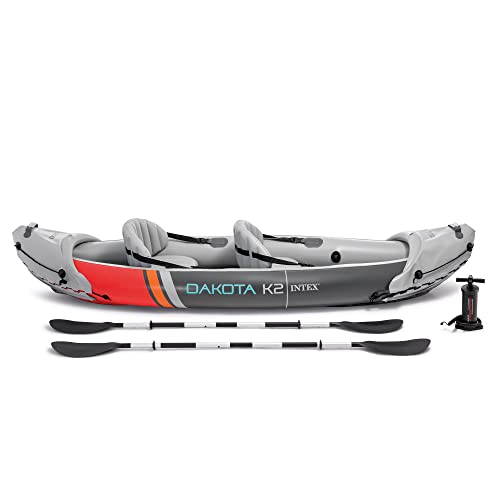 Intex 68310VM Dakota K2 2-Person Heavy-Duty Vinyl Inflatable Kayak with 86-Inch Oars and Air Pump, Gray & Red - Lucaneo