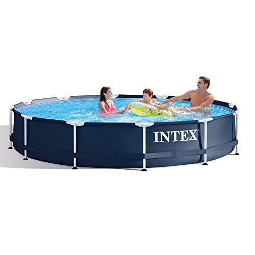 Intex 28211ST 12-foot x 30-inch Metal Frame Round 6 Person Outdoor Backyard Above Ground Swimming Pool with Krystal Klear Filter Cartridge Pump, Navy - Lucaneo