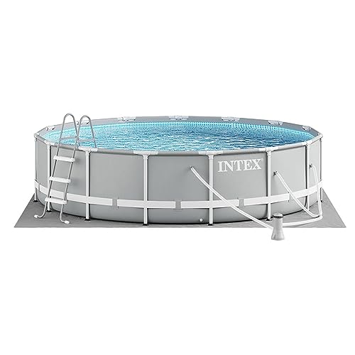 Intex 15 Foot x 42 Inch Prism Frame Above Ground Outdoor Backyard Swimming Pool Set with 1000 GPH Filter Pump, Ladder, and Secure Pool Cover, Gray