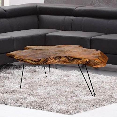 StyleCraft Badang Carving Natural Wood Edge Teak Contemporary Table with Clear Lacquer Finish and Metal Hairpin Legs for Living Room - Lucaneo