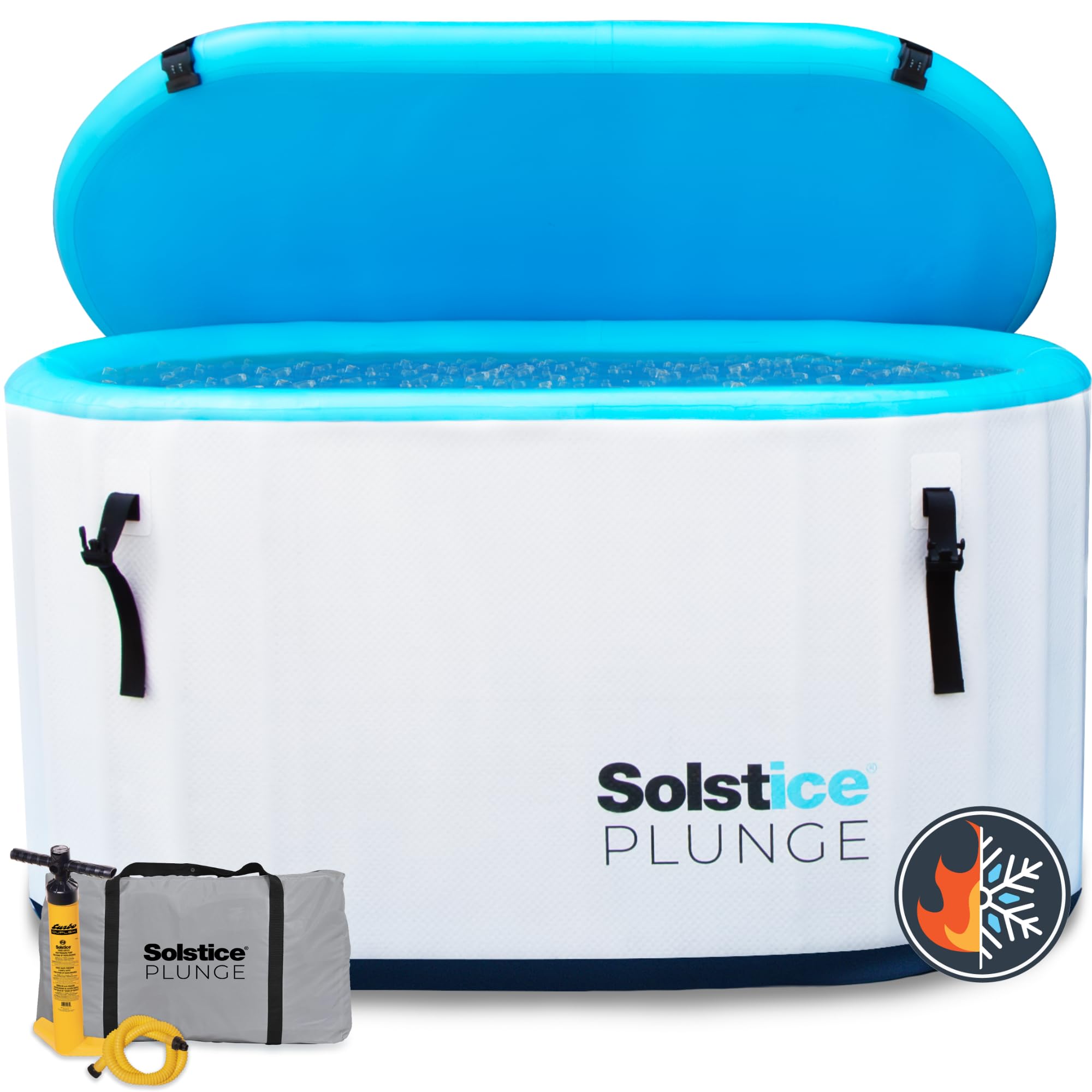 Solstice Original 100 Gallon Inflatable Ice Bath Cold Plunge Tub with Insulated Lid, Compatible with Water Chillers and Ozone Filters, White/Blue