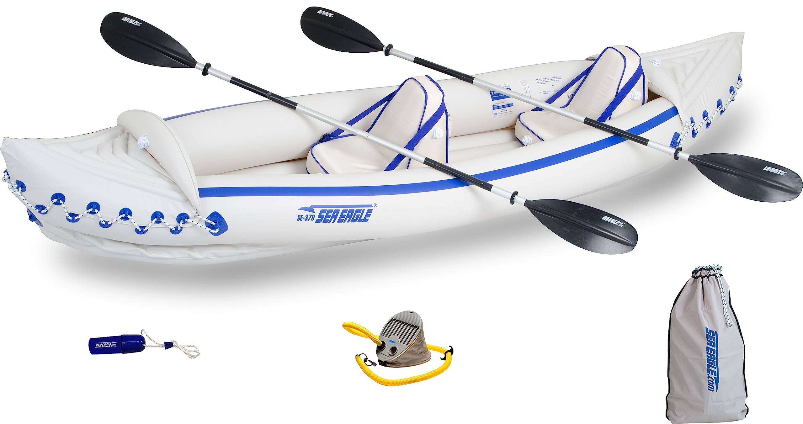 Sea Eagle 370K Pro 3-Person Inflatable Outdoor Water Sports Kayak Canoe Boat with Paddles, Adjustable Seats, Foot Pump, and Carrying Bag, White