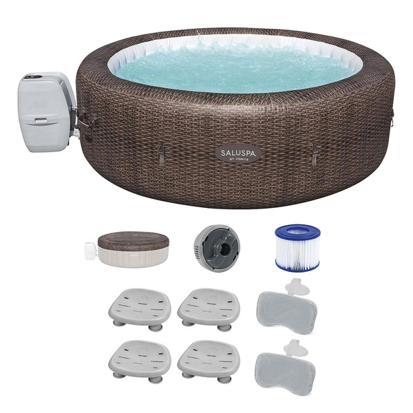 Bestway SaluSpa St Moritz AirJet Hot Tub with Set of 4 Non Slip Pool and Spa Seats and Set of 4 Padded Headrest Pillows with Adjustable Strap, Brown