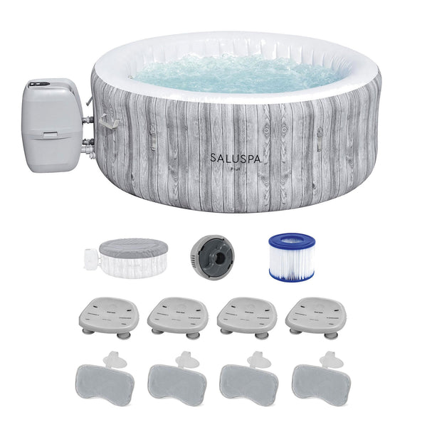Bestway SaluSpa Fiji AirJet Inflatable Hot Tub with 120 Soothing Jets with Set of 4 Pool and Spa Seat and 4 Pack Padded Headrest Pillows, Gray